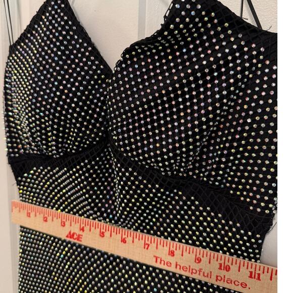 Crystal Doll M Vintage 90's Fishnet RHINESTONE Strappy Gown Bodycon Dress Black - Picture 10 of 10